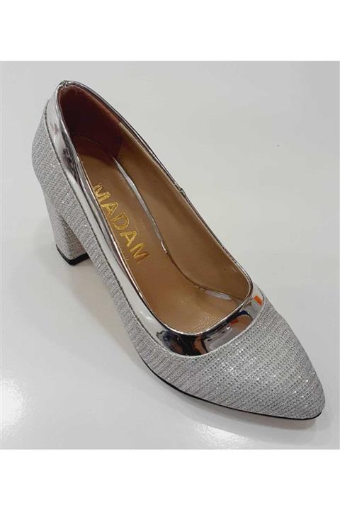 MADAM Kadın Gümüş Parlak Simli Kalın Topuklu Ayakkabı