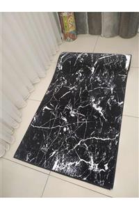 NarStore Home Amor Siyah Mermer Desen Kaymaz Taban Yıkanabilir Kesme Yolluk Halı