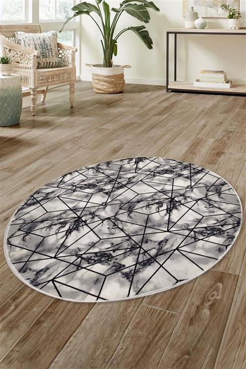 MİLEVA Kaymaz Tabanlı Kesme Rulo Halı Yolluk Siyah Beyaz Geometrik Daire