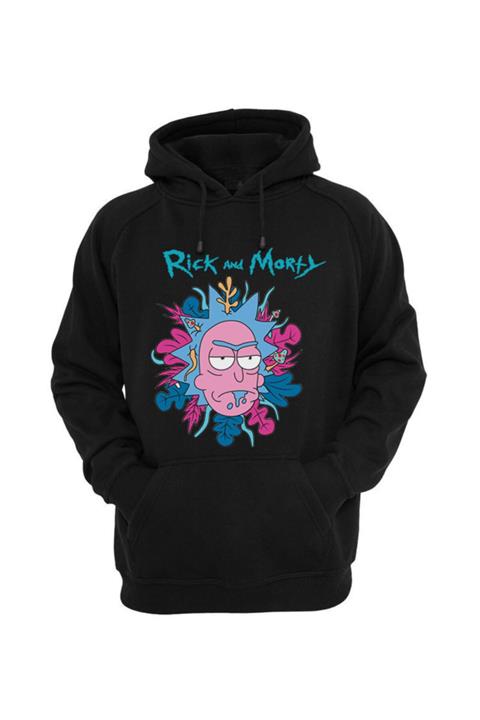 Relax family xf Erkek Siyah Kapüşonlu Sweatshirt Rick And Morty