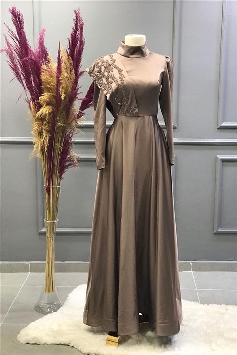 Ebrar Store Pelerini Işlemeli Saten Abiye-vizon