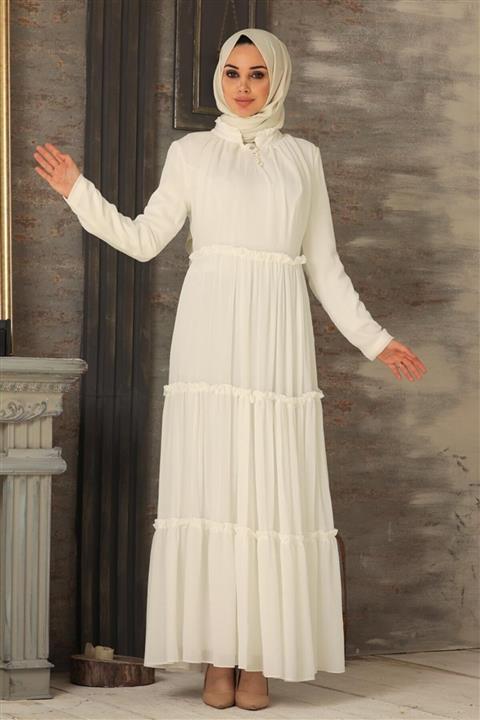 Neva Style - Pileli Ekru Tesettür Elbise 2746e