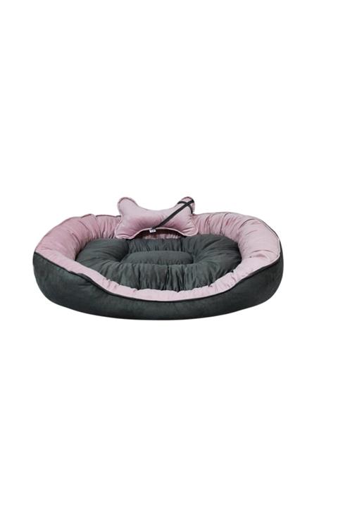 Patili Evler Pembe Gri Büyük Boy Oval Köpek Yatağı - Kemik Yastıklı- 70x100 Cm