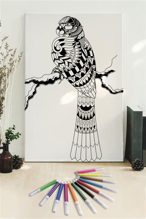 Hediyeler Kapında 50x70 Papağan Boyanabilir Kanvas Mandala Tuval + 12'li Keçeli Kalem
