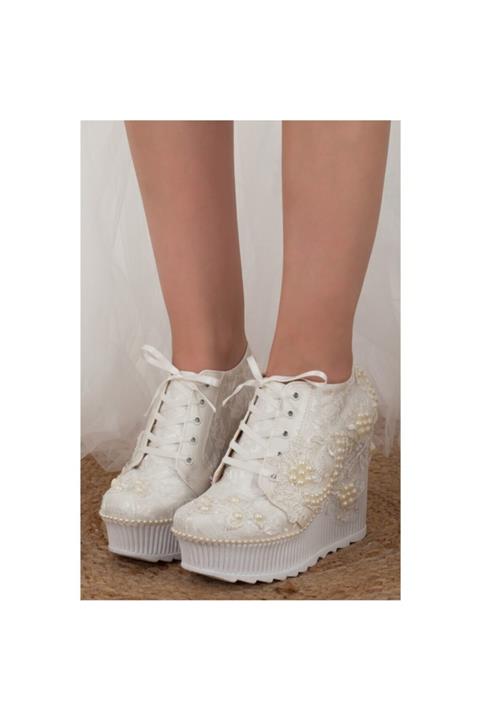 DARUGA Kadın Bej Renk Yüksek Dolgu Topuk Gelinlik Ayakkabısı