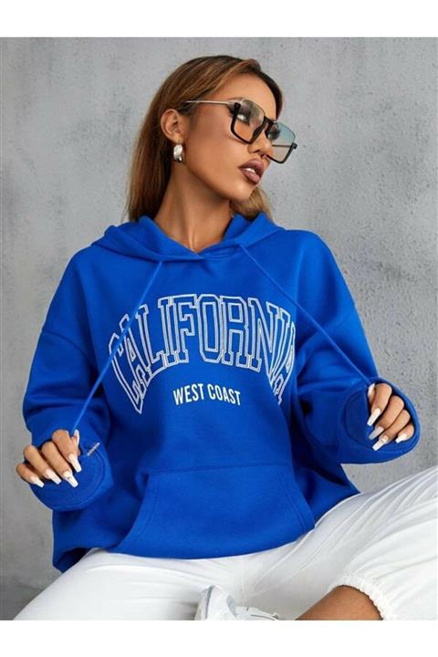 Benisengiydir Kadın Mavi California Baskılı Kapüşonlu Sweatshirt