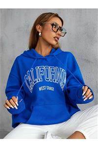 Benisengiydir Kadın Mavi California Baskılı Kapüşonlu Sweatshirt