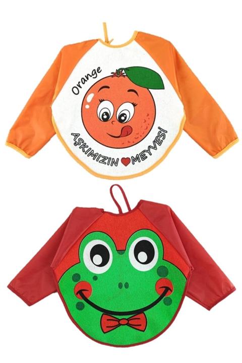 Aydınlar 2 Adet Portakal Aşkımızın - Kurbağa Desenli Kollu Su Geçirmez Bebek Mama Önlüğü