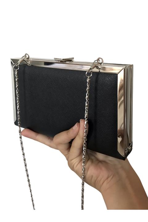 Selay Çanta Siyah Metal Corner Zincirli Abiye Çanta