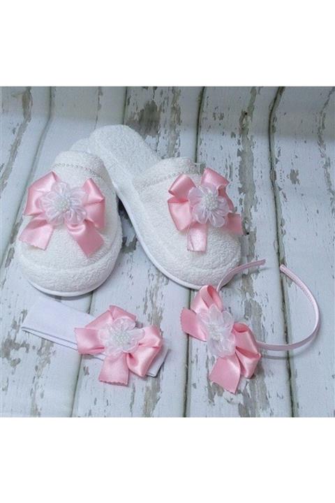 Azebu Lohusa Terlik Ve Taç Seti Fiyonklu Pembe