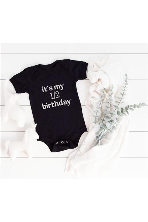 Hellomaandme Half Bırthday 6 Ay Yarım Yaş Doğumgünü Zıbın Siyah Yarım Kol Body