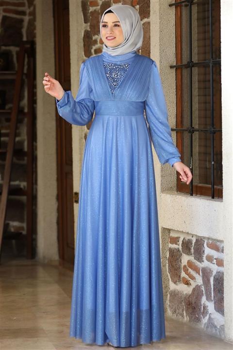 Amine Hüma Elmas Tesettür Abiye Indigo