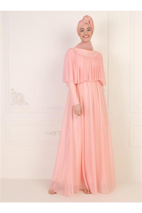 Mwedding Volan Detaylı Simli Abiye Elbise - Pudra -