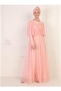 Mwedding Volan Detaylı Simli Abiye Elbise - Pudra -