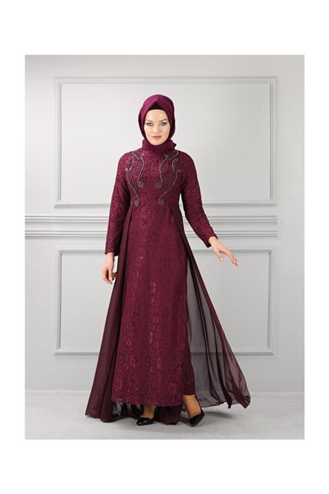 Modamihram Güpür Dantelli Tesettür Elbise Mürdüm