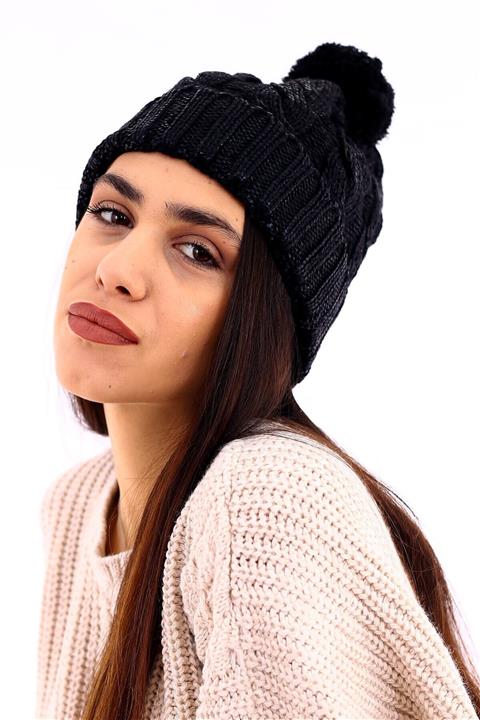 Deafox Kadın Siyah Payetli ve Ponponlu Bere