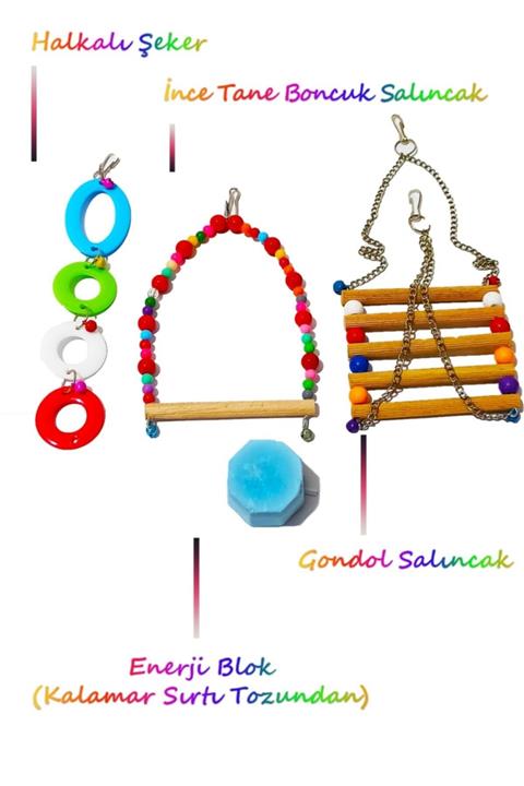 HEKİM PET 4lü Set Kuş Oyuncağı Paketi Gondol+salıncak+enerji Blok+halkalı Şeker