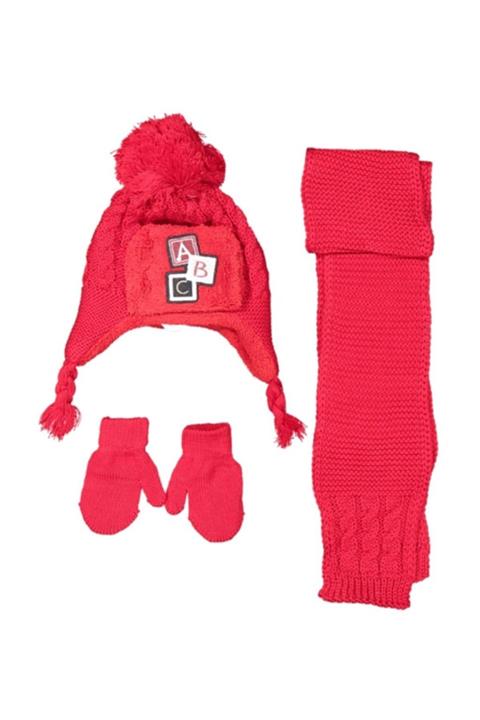bebegen Abc Nakışlı Kırmızı Atkı Bere Eldiven Set