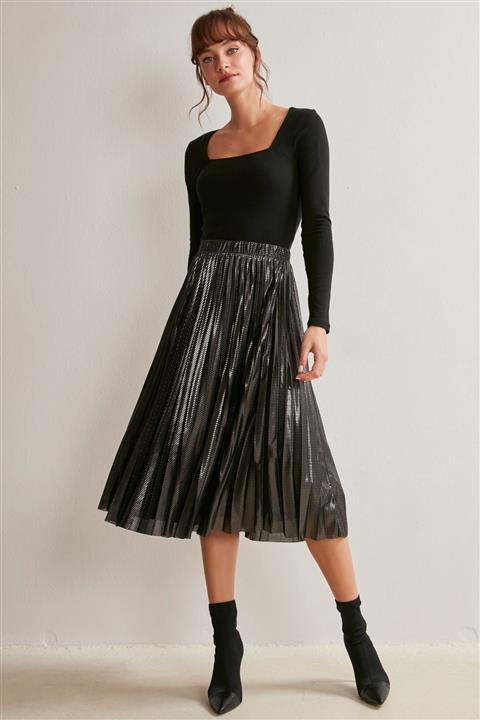 Jimmy Key Kadın Siyah Pileli Beli Lastikli Desenli Kloş Etek