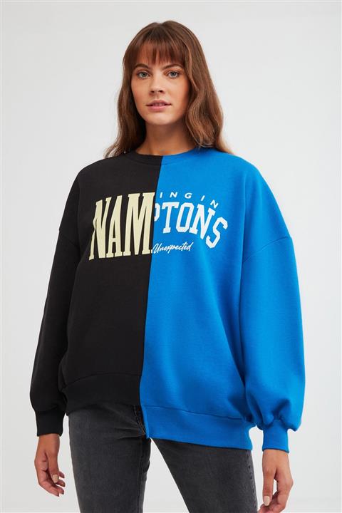 GRIMELANGE Azure Kadın Mavi Renk Bloklu Bisiklet Yaka Oversize Sweatshirt