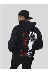 Lucky Boy Siyah Unisex Kanguru Cepli Sırt Baskılı Anime Hoodie Tokyo Ghoul Red And White