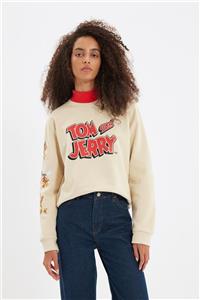 TRENDYOLMİLLA Bej Lisanslı Tom & Jerry Baskılı Dik Yaka Basic Örme Şardonlu Sweatshirt TWOAW21SW0221