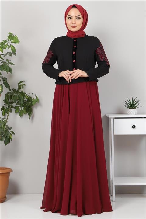 Modamihram Kadın Bordo Nakışlı Şifon Abiye