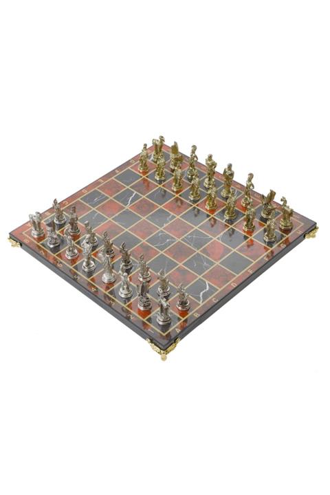 elife Lüks Metal Döküm Satranç Takımı Truva Ordusu & Özel Ayaklı Kırmızı Mermer Desenli Tahta