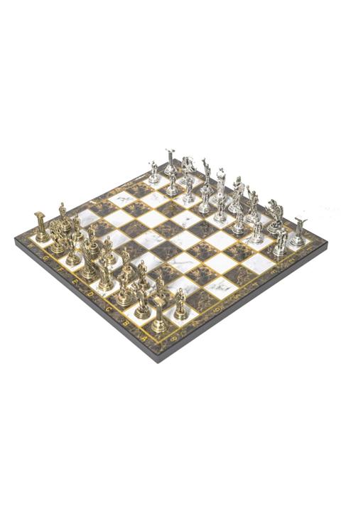 elife Eszs2 Lüks Metal Satranç Takımı Krom Kaplama Zeus Ordusu & Kehribar Mermer Desenli Tahta