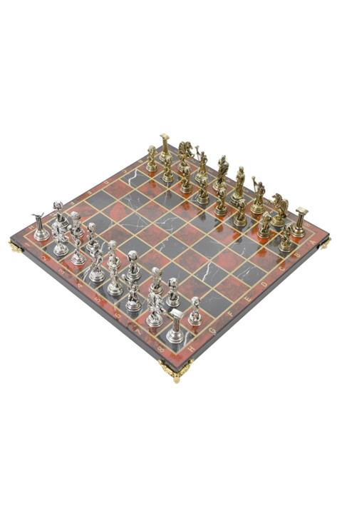 elife shop Lüks Metal Döküm Satranç Takımı Herkül Ordusu & Özel Ayaklı Alev Kırmızı Mermer Desenli Tahta
