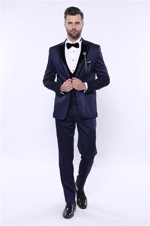Wessi Erkek Slim Fit Desenli Velvet Yaka Takım Elbise