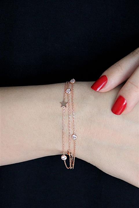 Argentum Concept Yıldızlı Ve Taşlı Gümüş Üç Zincirli Rose Bileklik - B041101