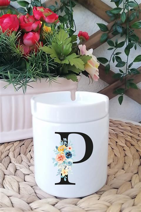 Kreatölye P Harfi Baskılı Beyaz Seramik Kokusuz Küllük Kül Tablası M08