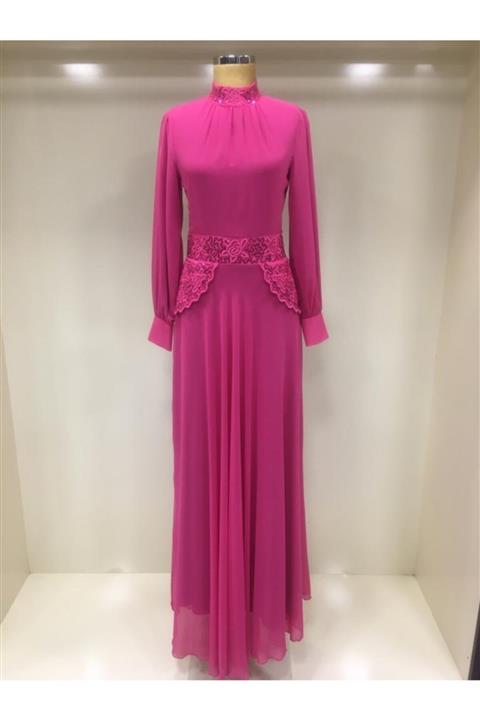 Kübra Tekstil ve Giyim Kadın Fuşya Dik Yaka Payetli Şifon Abiye