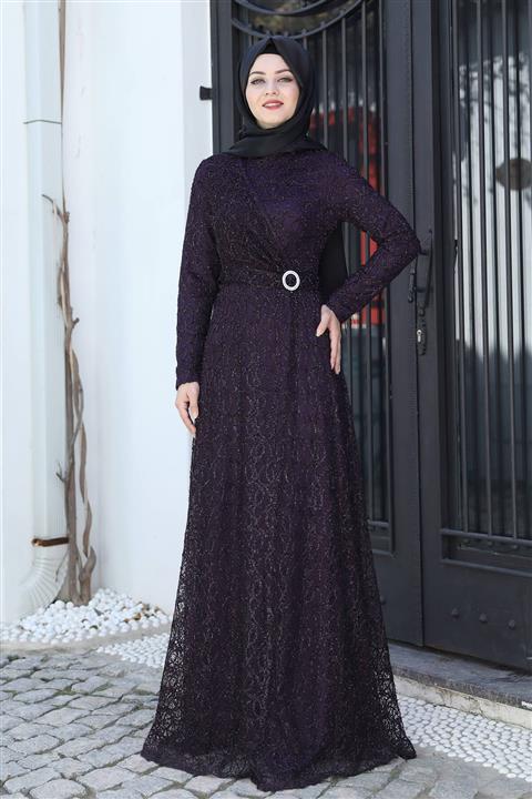 Zarif Tesettür Tanem Dantelli Tesettür Abiye - Mürdüm