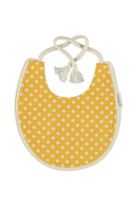 Miniyoki Solare Hardal Sarısı Mama Önlüğü, %100 Pamuk, Polka Dot Desenli, Örgü Şeritli