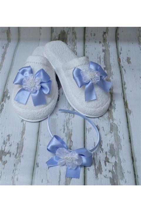 Azebu Lohusa Terlik Ve Taç Seti Fiyonklu Mavi