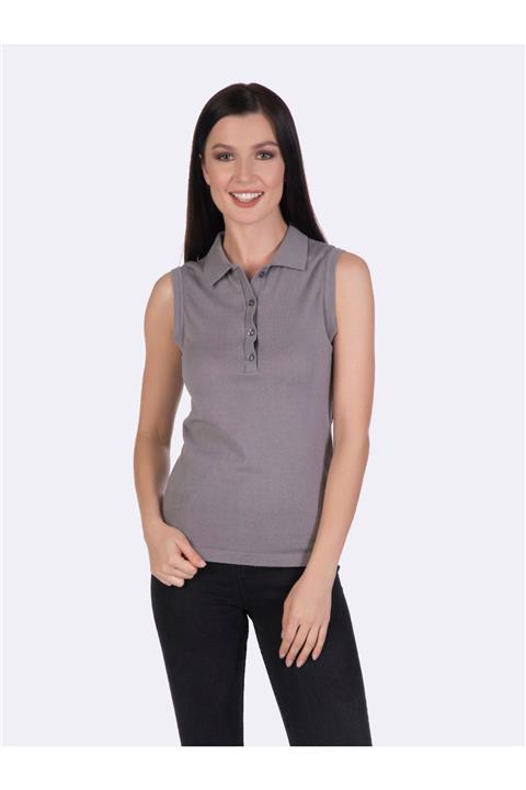 Felix Hardy Kadın Gri Kolsuz Triko Polo Yaka Tişört