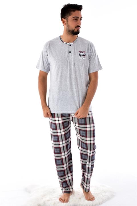 Pemilo Erkek 2105 Ekose Desenli Kısa Kol Pijama Takımı Gri