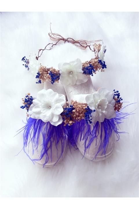 Şeker Tadında Tasarımlar Mavi Detaylı Lohusa Taç Terlik Seti