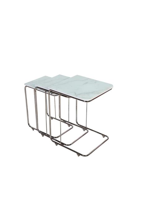 Evistro Cam Zigon Sehpa 3 Lü Tekerlekli Mermer Desenli