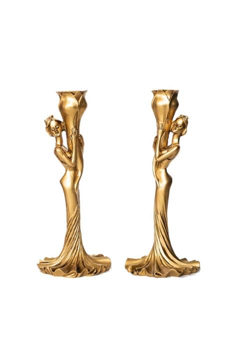 Fidex Home Kadın Tasarımlı Altın Dekoratif Şamdan 2'li