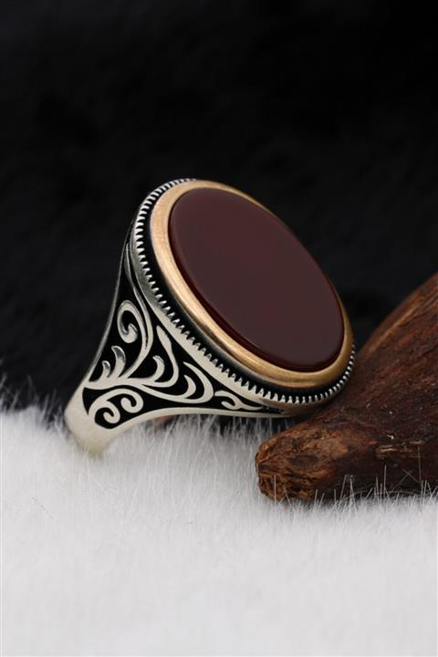 Silva Silver Düz Akik Taşlı Desenli 925 Ayar Gümüş Erkek Yüzük