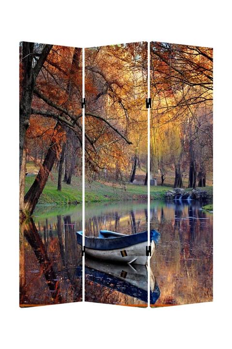 StellaStore Gölde Kayık 3 Kanatlı Oda Bölücü Çift Taraflı Kanvas Paravan