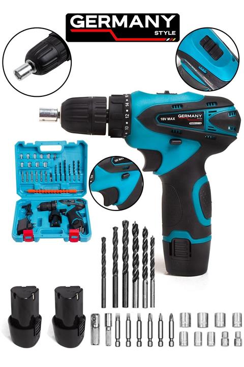 Germany Style 18v Çift Akülü Şarjlı Matkap Li-ion Bataryalı 27 Parçalı Matkap Grm-332