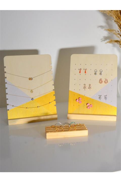 Sunbross Design Takı Standı Ahşap Masaüstü 3'lü Set Dekoratif Takı Askısı Küpelik Yüzük Ve Kolye Organizeri