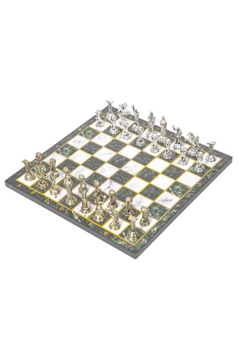 elife shop Eshrk2 Lüks Metal Satranç Takımı Krom Kaplama Herkül Ordusu & Zümrüt Yeşili Mermer Desenli Tahta