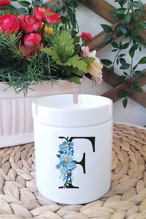 Kreatölye F Harfi Baskılı Beyaz Seramik Kokusuz Küllük Kül Tablası M07