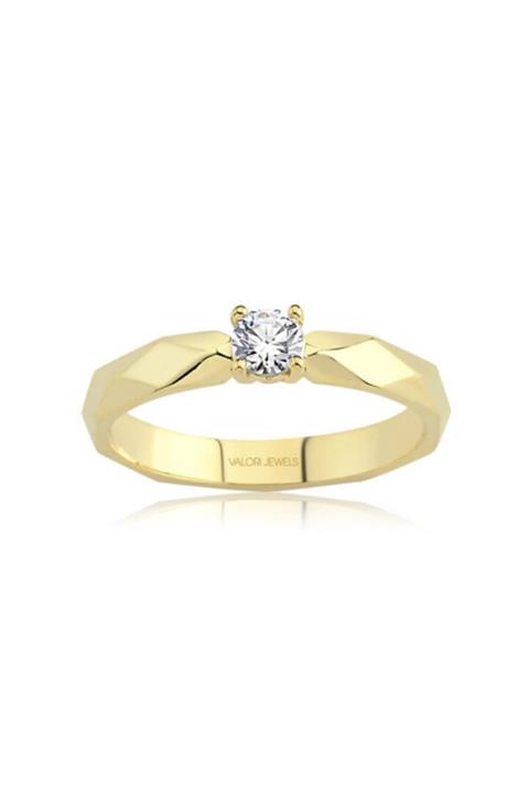 Valori Jewels 0.25 Karat Swarovski Zirkon Beyaz Yuvarlak Taşlı, Altın Rengi Gümüş Tektaş Yüzük