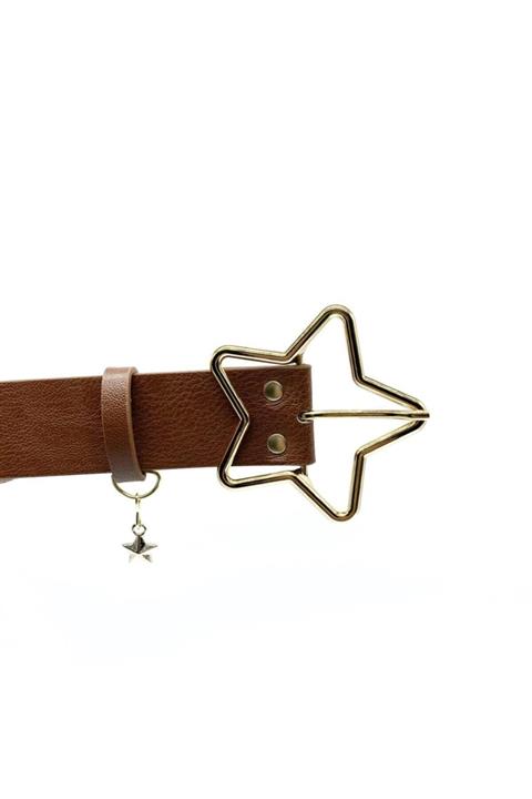 LİA KEMER Gold Yıldız Tokalı Taba Deri Kemer